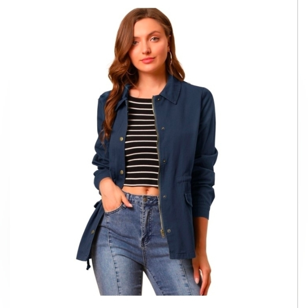 Allegra K Women's Utility Jackets Drawstring Waist Flap Pocket Zip Button Jacket